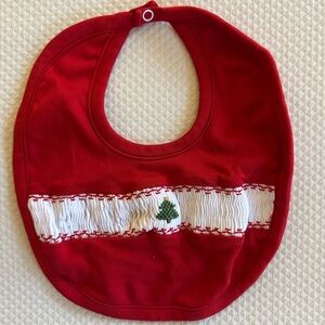 Kissy Kissy Smocked Red Baby Bib with Embroidered Tree